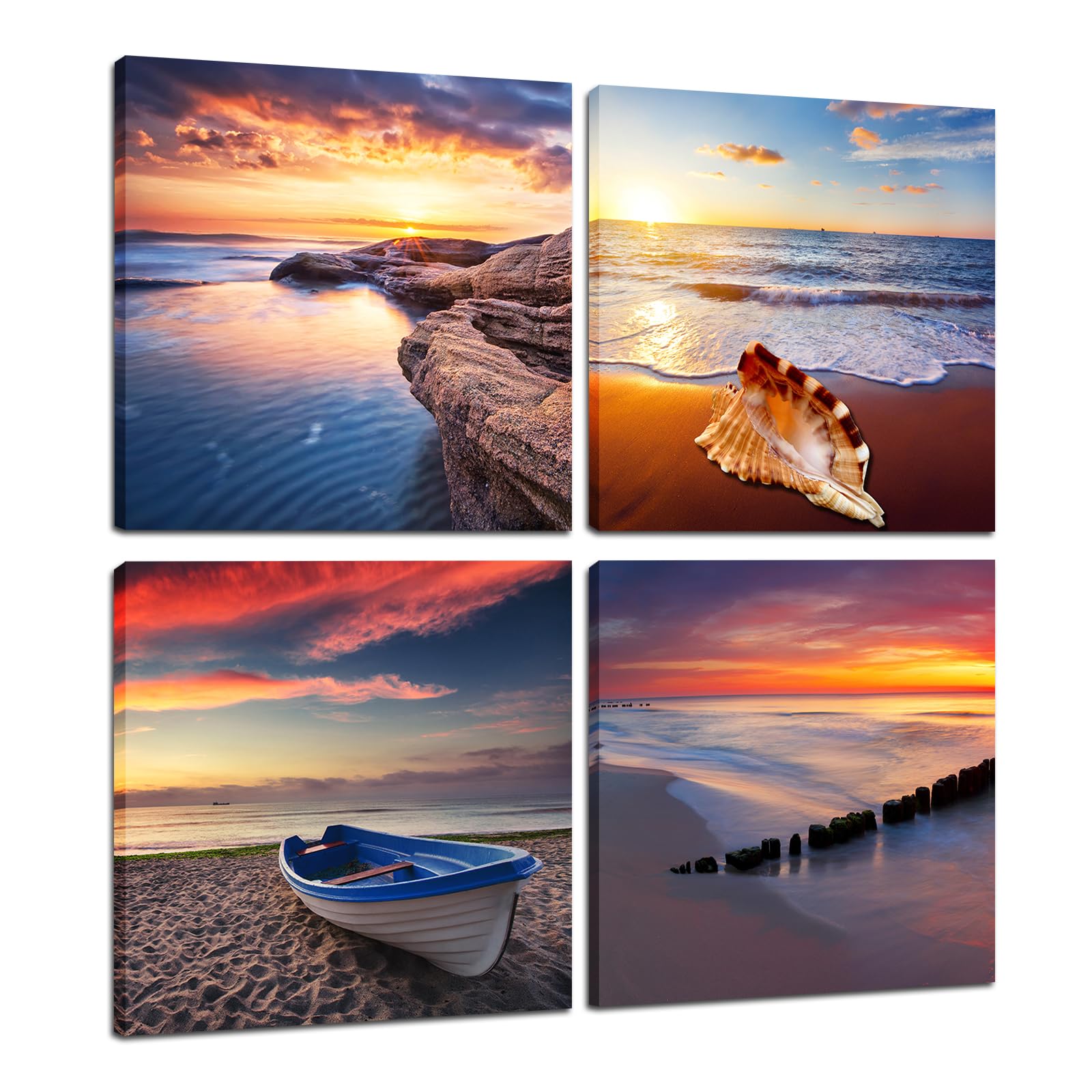 Beach Decor Canvas Wall Art - Ocean Decorations for Home Bathroom Bedroom 4 Panels Seashell Boat Rock Sunset Wave Picture Prints Modern Seascape Paintings Office Artwork 12x12inch Framed Ready to Hang