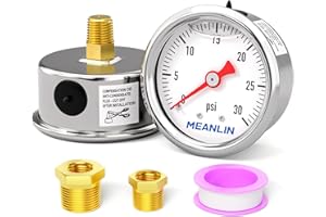 MEANLIN MEASURE 0~30Psi Stainless Steel 1/8" NPT 1.5" FACE DIAL, Glycerin Filled Pressure Gauge, Liquid Filled, Water Oil Air, Back Mount, witwith 1/4" NPT and 3/8" NPT Hex Bushing