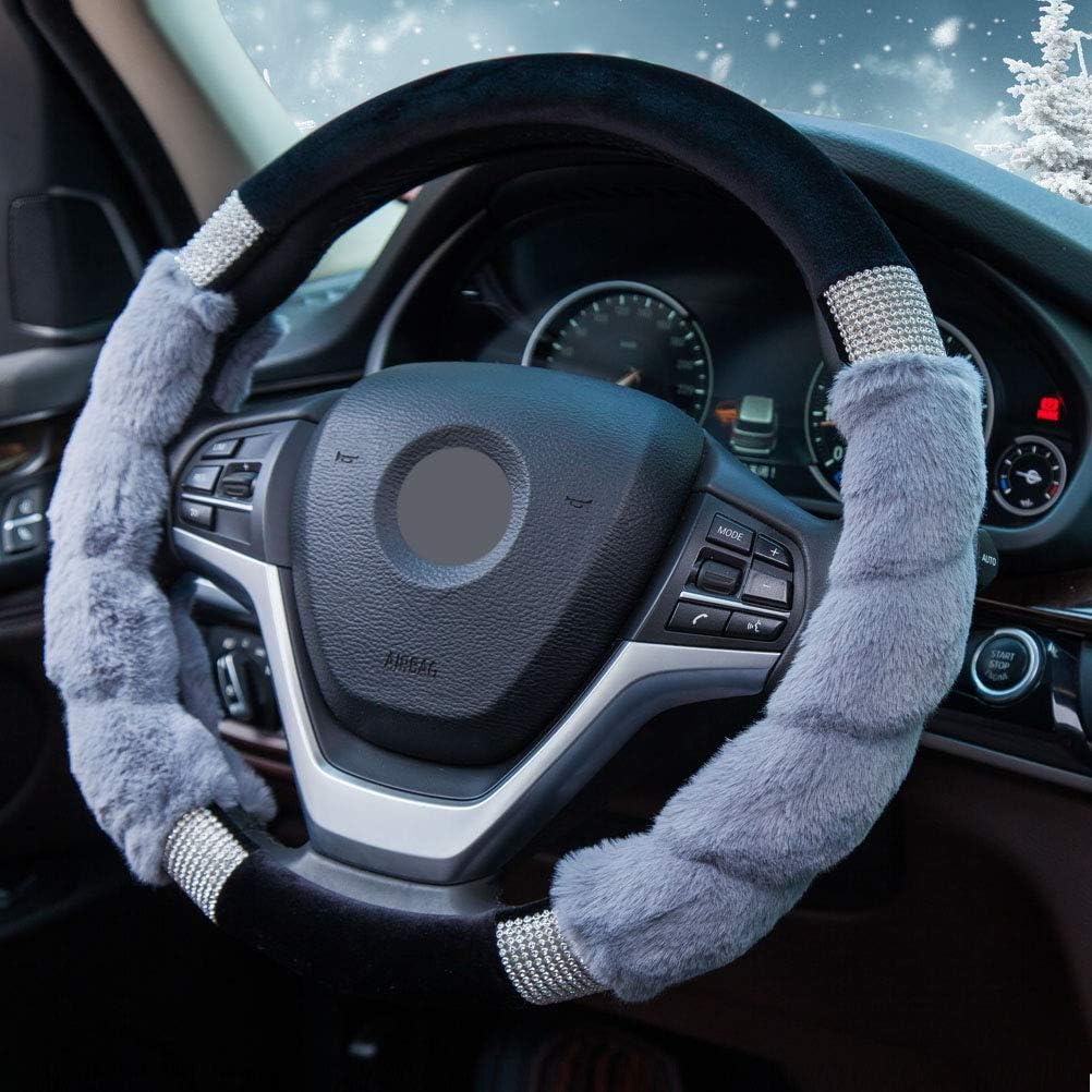 Fluffy Steering Wheel Covers – ZATOOTO Car Steering Wheel Cover Bling, Warm, Nonslip, Soft Fur Cover for Winter, 14.5-15 inches, Gray