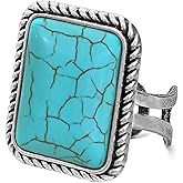 LadayPoa Vintage 925 Sterling Silver Turquoise Ring for Women, Bohemian Adjustable Natural Stone Statement Ring, Handmade Tibet Silver Tribal Totem Ethnic Jewelry, Western Cowgirl Gift