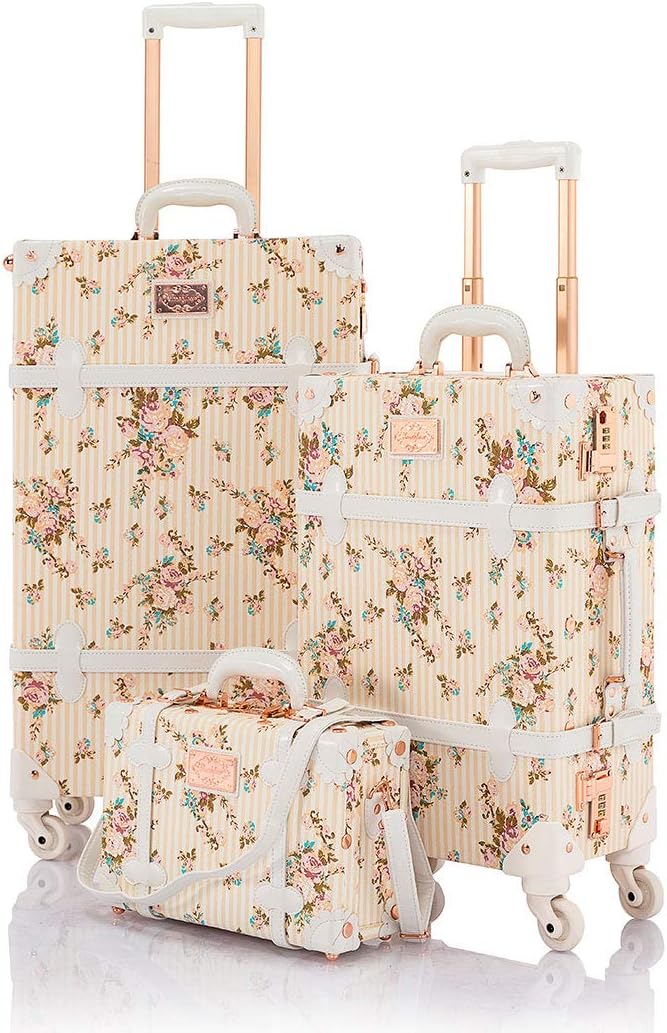 COTRUNKAGE Vintage Luggage Set 3 Piece Cute Travel Suitcase for Women with Cosmetic Case, Beige Floral
