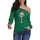 LYHNMW Women's Sexy Off Shoulder Long Sleeve Christmas Letter Print T-Shirt Tunic Tops Holiday Merry Xmas Hoodie