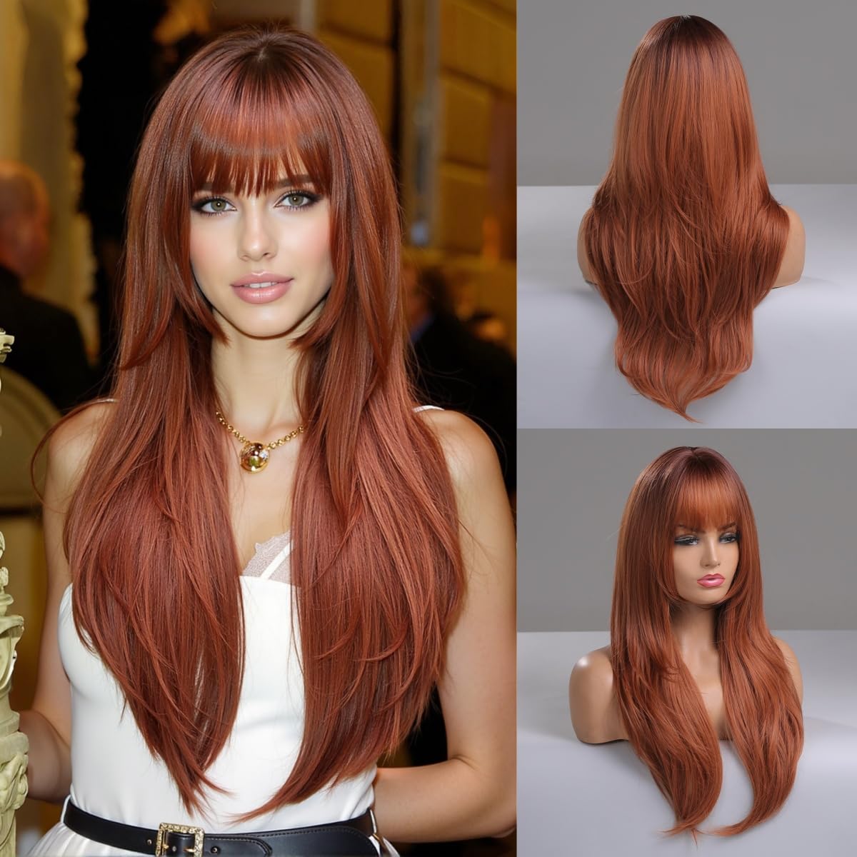 Allbell Long Wavy Auburn Wig With Bangs - Ginger Heat Resistant Fiber Synthetic Brown Natural Looking Long Layered Wig for Women - Daily Party Cosplay Use