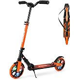 Scooters for Kids 8-12, Teens, Adults, Foldable Kick Scooter with Dual Suspension, Kids Scooter with 8 Inch Light Up Wheels, 3 Height Adjustable, Carrying Strap, Perfect for School, Park, Orange