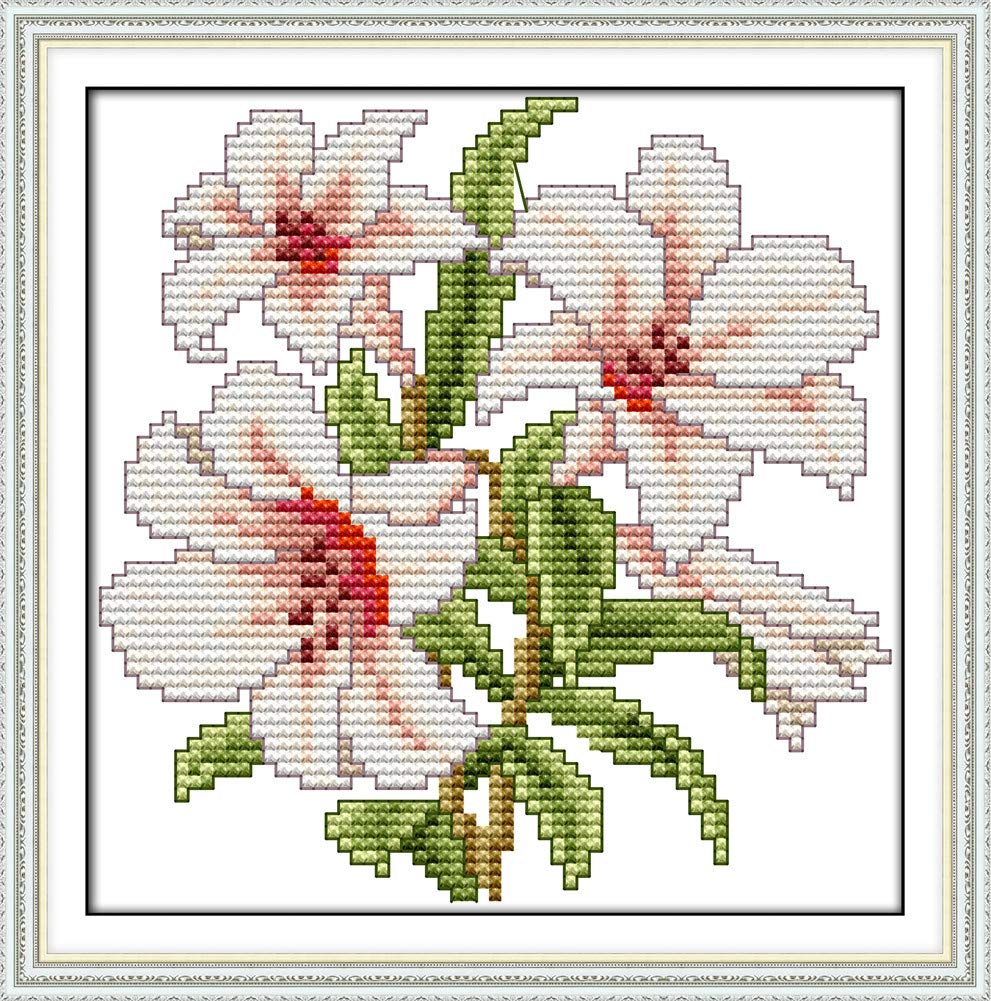 YEESAM ART Cross Stitch Kits Stamped for Adults Beginner Kids, Lily Flowers 11CT 21×21cm DIY Embroidery Needlework Kit with Easy Funny Preprinted Patterns Needlepoint Christmas (Lily)
