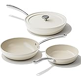 Redchef Ceramic Frying Pans, 4-Piece Non Stick Frying Pans, Non Toxic Skillet with Lid, Ceramic Cookware Set, 8" 9.5" 11" Egg Saute Pan, PFAS & PTFE & PFOA Free, Dishwasher & Oven Safe, Beige White