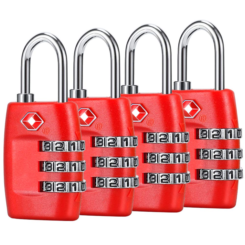TSA Luggage Locks (4Pack) - 3 Digit Combination Padlocks - Approved Travel Lock for Suitcases & Baggage (Red)