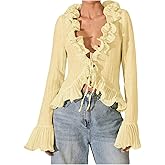 Floerns Women's Ruffle Trim V Neck Blouse Top Flare Sleeve Sheer Tie Front Going Out Outfit