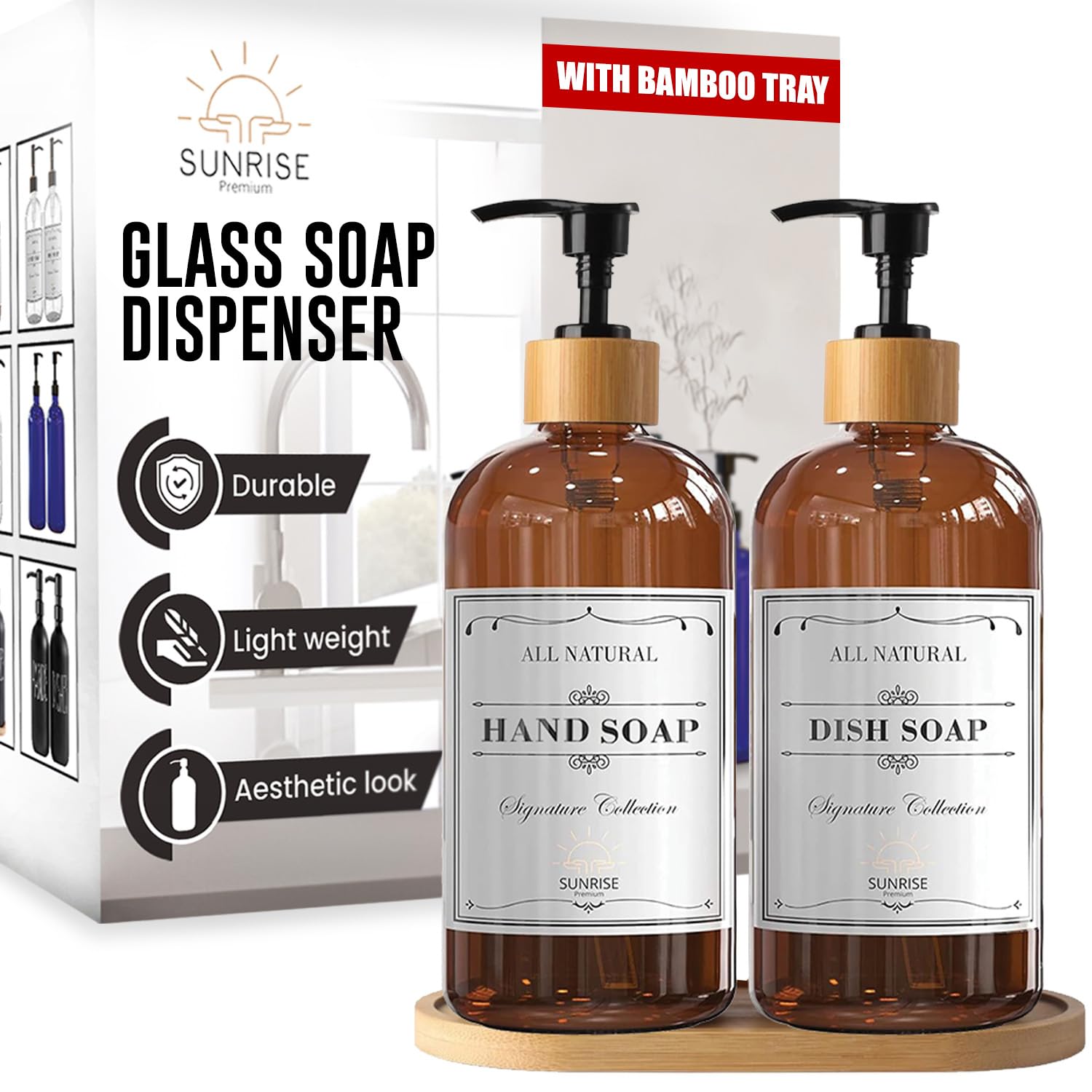 Photo 1 of GLASS Sunrise Premium 16 OZ Thick Amber Glass Soap Dispenser, Bamboo Pump with Tray 2 Pack, Hand and Dish Soap Dispenser Set for Bathroom with 6 Waterproof Labels