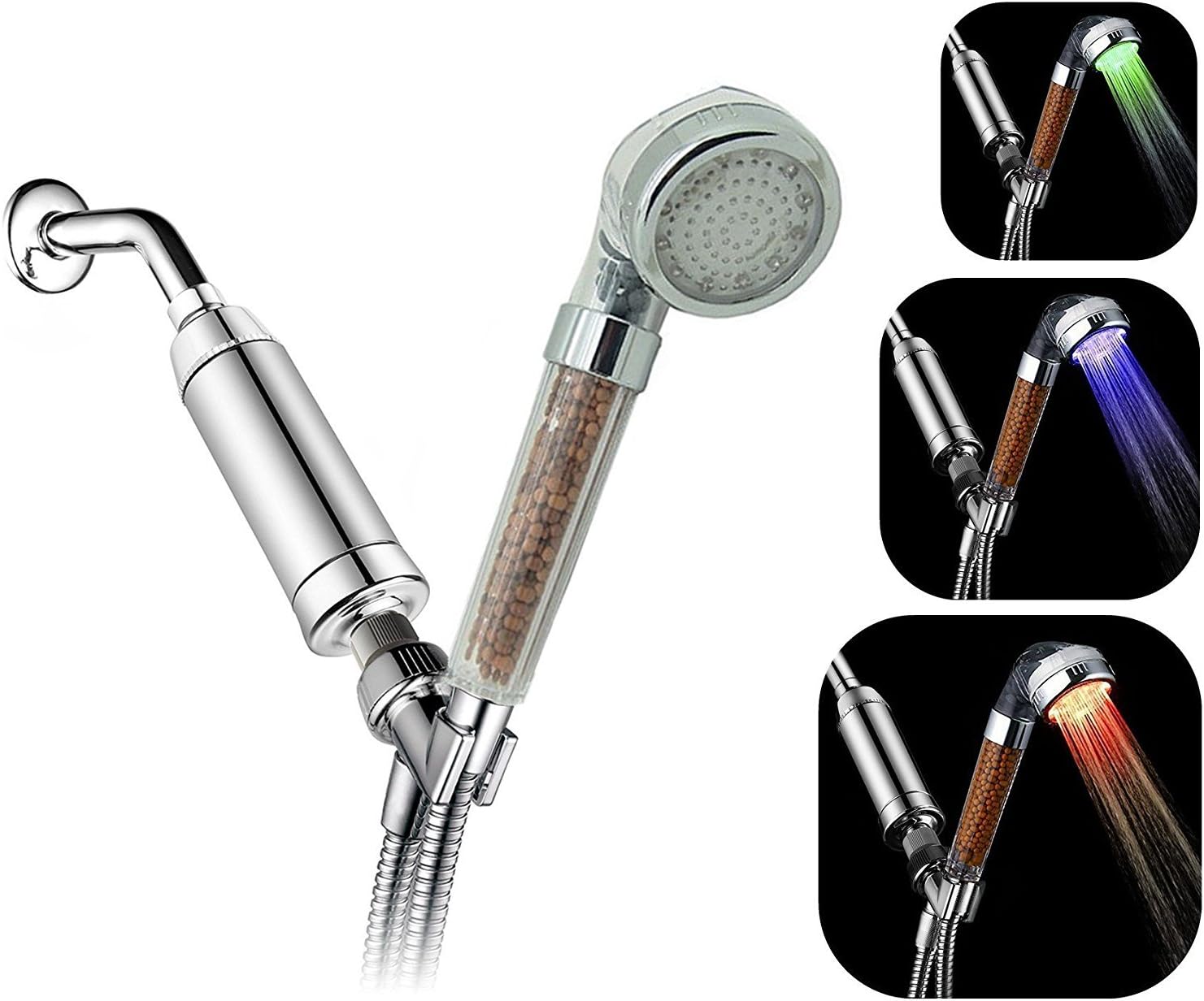 DSIKERRejuvenate Skin and Your Hair Loss Prevention Filtered Shower Head System with Pulsating LED,Inline-Filter and Ionize Rare Rocks,removes chlorine,Water Temperature Controlled Color Changing