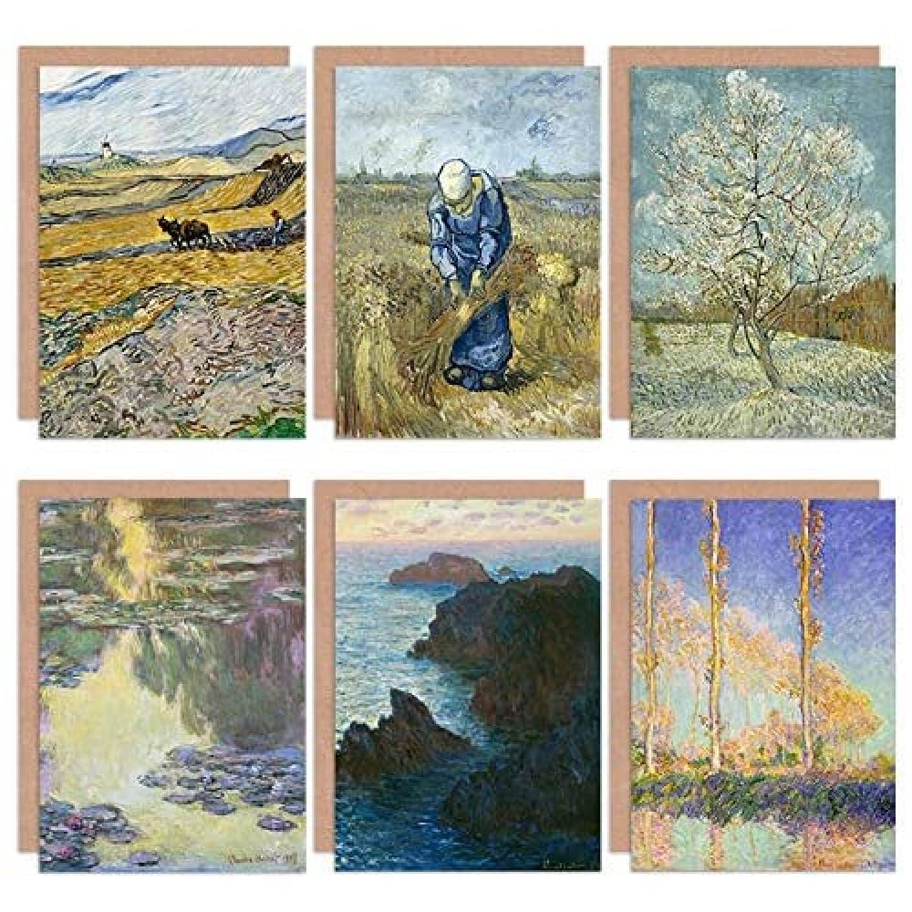 Artery8 Monet Van Gogh Poplars Waterlilies Field Ploughman Mixed Fine Art Greeting Card Pack of 6