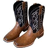 Pumalar Men's Western Cowboy Boots, Square Toe Mid Calf Work Boots, Polyurethane Embroidered Pull-On, US Standard Size, For Weddings Casual Work, Office Workers Young Men Laborers