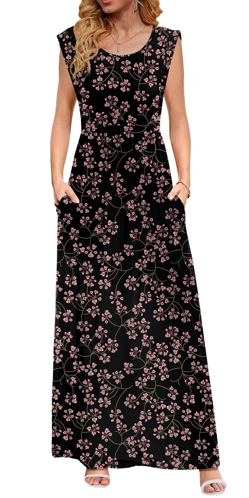 Photo 1 of * knotty*DB MOON Womens 2025 Summer Maxi Dresses Empire Waist Long Casual Sundress Cap Short Sleeve Dress with Pockets L, Black Pink Floral