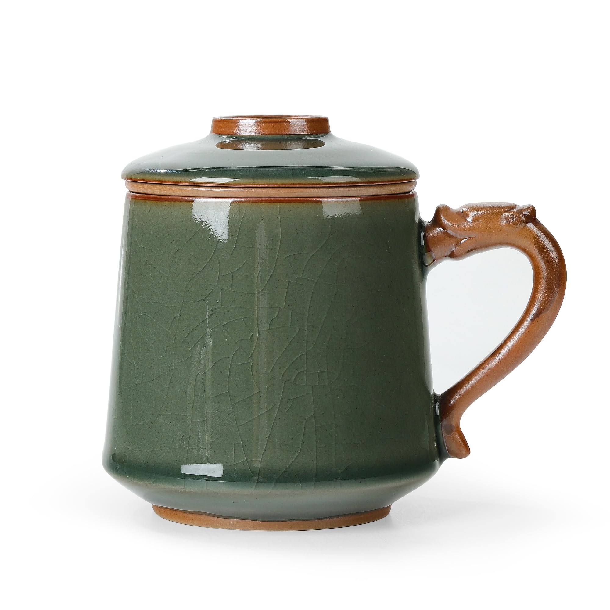 fanquare Ceramic Tea Cup with Infuser and Lid, Green Glaze Chinese Tea Mugs, Large Tea Steeping Mug for Home Travel 450ml