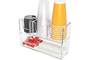Beego 4-Compartment Cup Holder for Countertop - 2-Tier Clear Acrylic Cup Dispenser Coffee Station Paper Cup and Lid Organizer Condiment Storage for Restaurant Breakroom Kitchen Bar Accessories