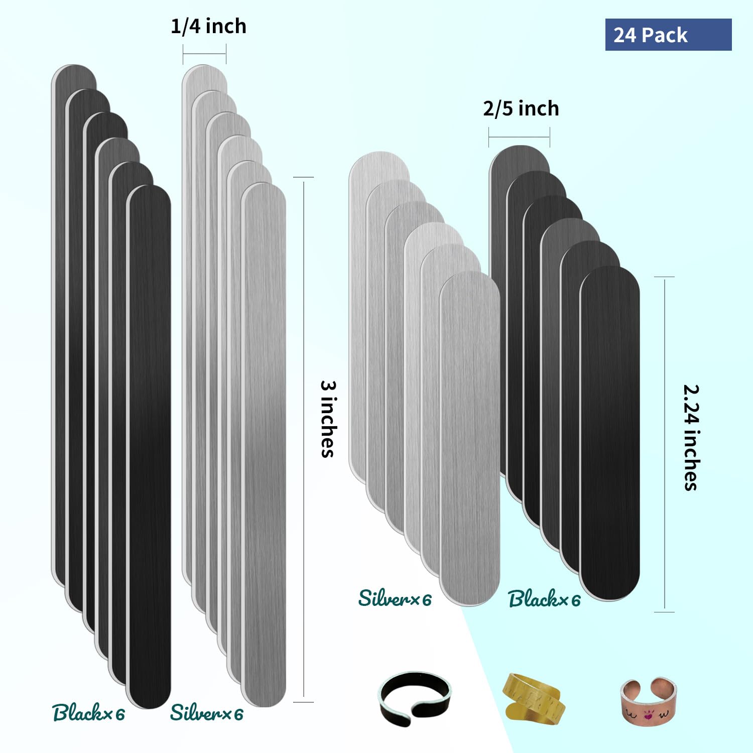 TreGecl 24 Pack Ring Stamping Blanks Aluminum Metal Ring Blanks for Jewelry, 2.24×0.4inch, 3×0.24inch, Ring Size 5-7, 8-10, 11-12 (Black and Silver)