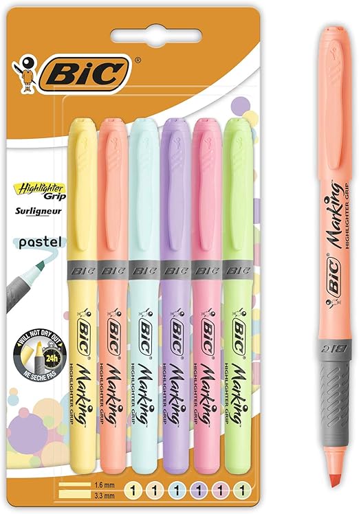 BIC Highlighter Grip Pastel Marcadores de Punta Biselada Regulable Colores surtidos, Pack de 6
