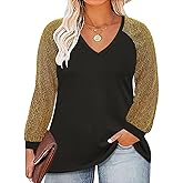 CARCOS Plus Size Tops for Women Criss Cross Long Sleeve Shirts V Neck Tunics Casual Fall T Shirt Loose Fits Blouses XL-5XL