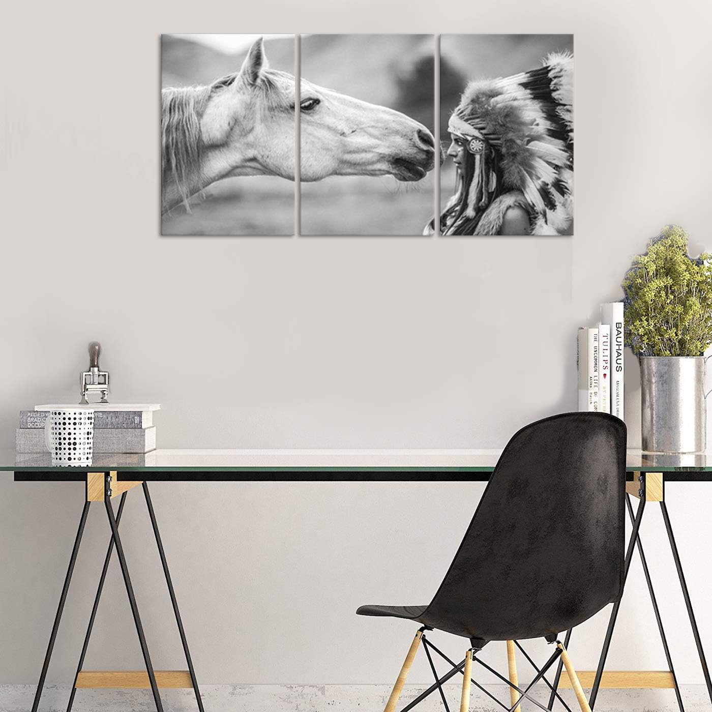 Amazon Skasnfai ネイティブアメリカンインディアン 馬のアートワーク 白黒羽根 アフリカンインディアン 女性絵画 キャンバスプリント モダンオフィスデコレーション 木製 すぐに掛けられます x28inchx3pcs アートフレーム ポスター オンライン通販