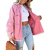 Oulivey Women's Oversized Washed Denim Jacket Button Down Long Sleeve Boyfriend Jean Shacket Jacket Coat with Pockets