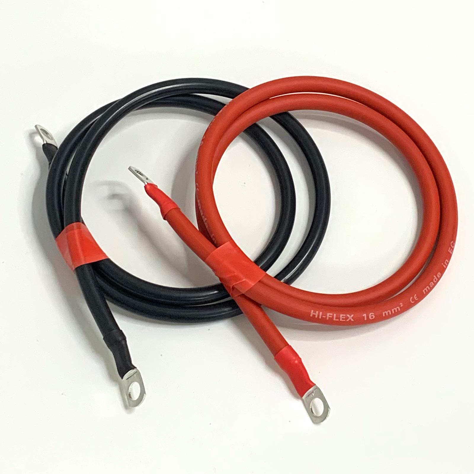 Battery Lead/Black + Red Lead Set 110A Amp 16mm2 Cable Wire with M8 Ring Terminals (1ft (30cm) Set, 8mm Ring Terminals)