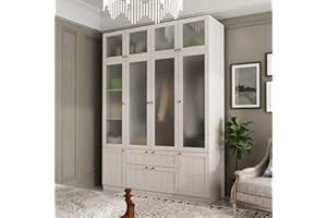 TAMUNE 4 Door Wardrobe Armoire Closet with Hanging Rods & 2 Drawers, Bedroom Armoire with Frosted Glass Doors, Top Cabinets & Gold Handles, Wood Grain, 19.9”D x 63”W x 86.6”H