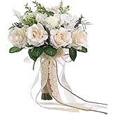 GLIDLION Wedding Bouquets Large for Bride Bridesmaid,White Champagne Artificial Roses Flowers for Wedding Church Decoration (9.5in)