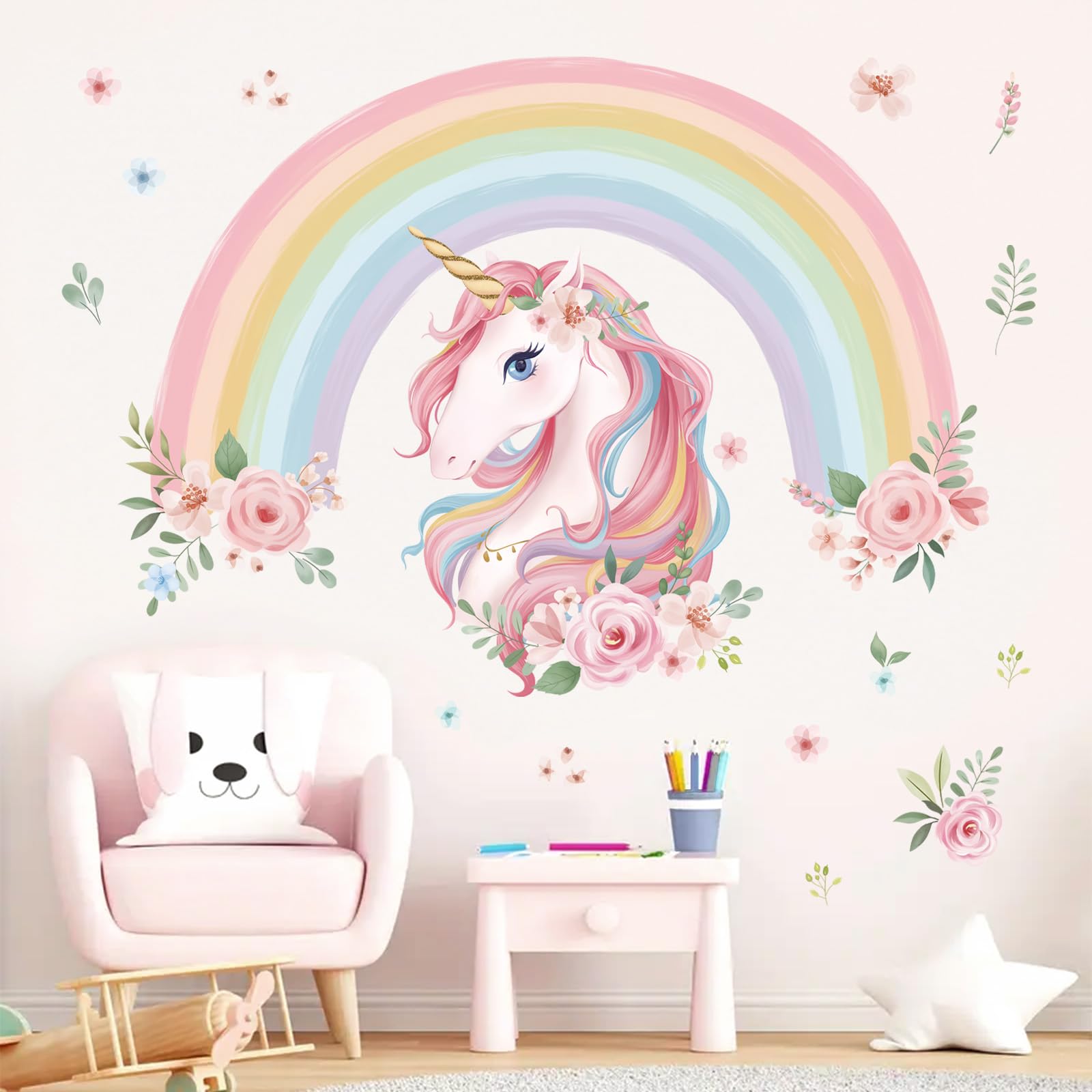 wondever Large Rainbow Wall Decals Unicorn Flower Peel and Stick Wall Art Stickers for Girls Bedroom Kids Room Baby Nursery — image 1