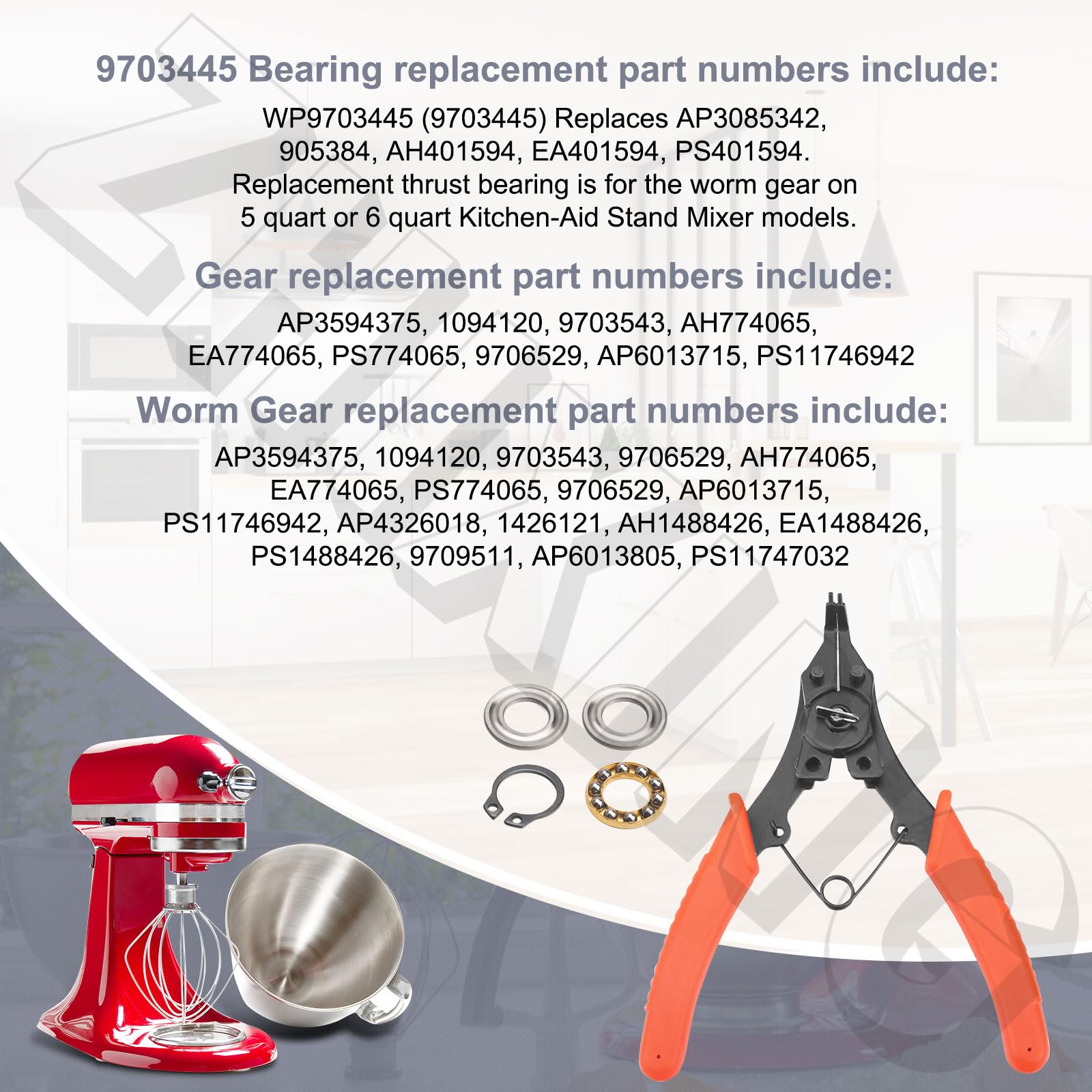 Worm Gear Kit 9706529, 9709511, 9703337, 9709231 Compatible With Whirlpool/KitchenAid 5QT & 6QT Stand Mixer with Worm Gear, Food Grade Grease, Retaining Ring Pliers, Mixer Bevel Gear Kit etc