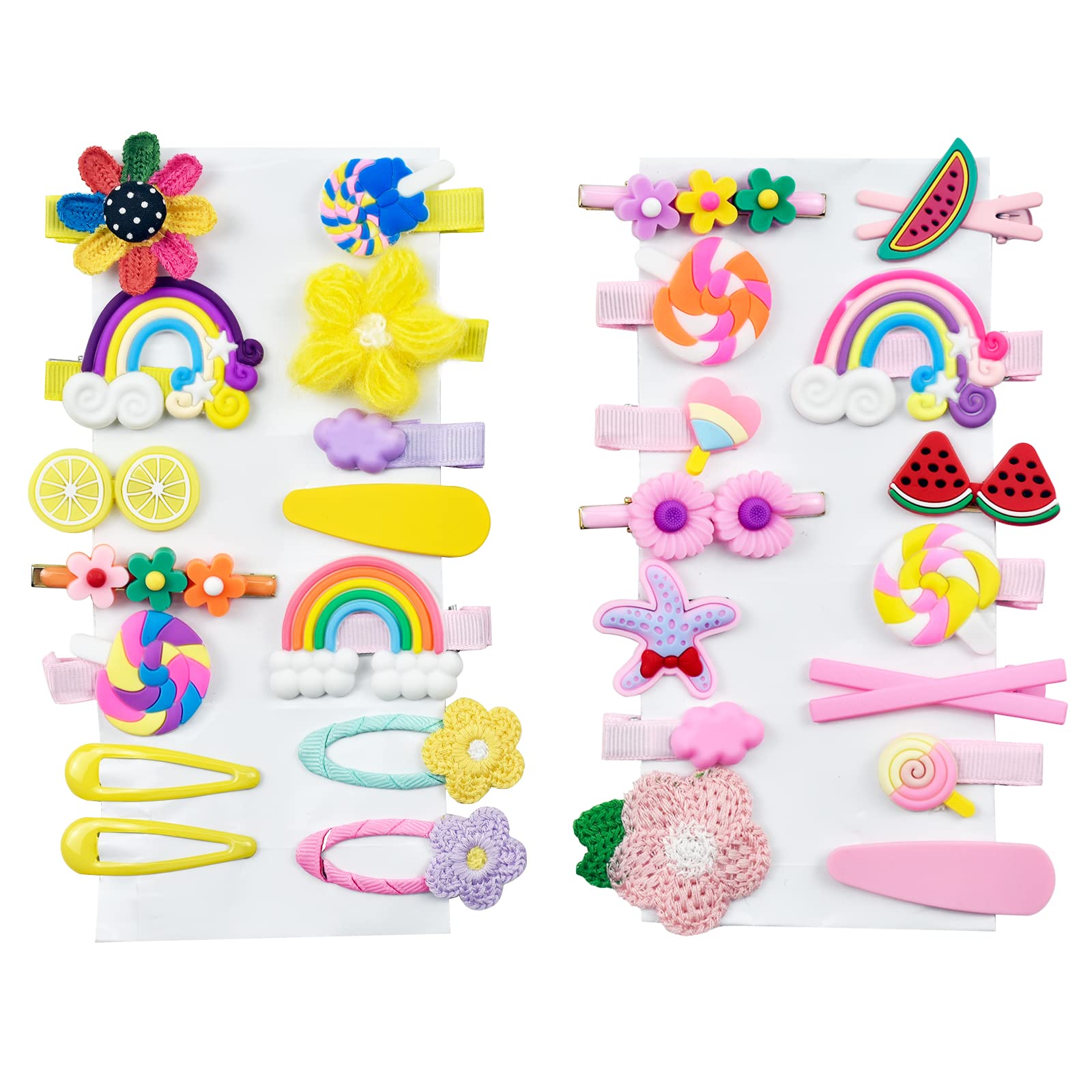 Hair Clips for Girls, 28 PCS Cute Barrettes Clips No Hair Damage Cute Cartoon Hairpins Rainbow Candy Flowers Fruit Dessert Patterns Children Hairpin Set Hair Accessories