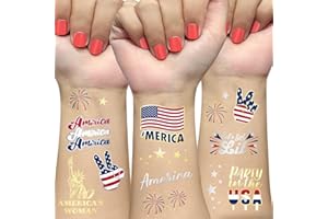 AOYOO 4th of July Decorations Tattoos for Women | 34 Styles Glitter Patriotic USA Flag Tattoo Stickers | Independence Day, Memorial Day & Labor Day Body Art | Red White Blue Party Decorations