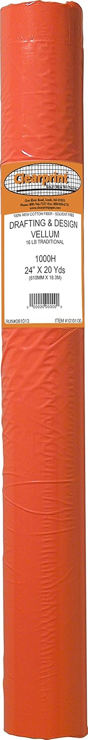 Clearprint 1000H Design Vellum Roll, 16 lb, 100% Cotton, 24 Inches W x 20 Yards Long, Translucent White, 1 Each (10101130)
