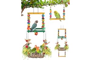 DBNESS Bird Hammock Toys Parakeet Perches Swing, 3in1 Detachable Parrot Cage Accessories, Wooden Hanging Chew Toys for Small to Large Conure Cockatiel Quaker African Grey