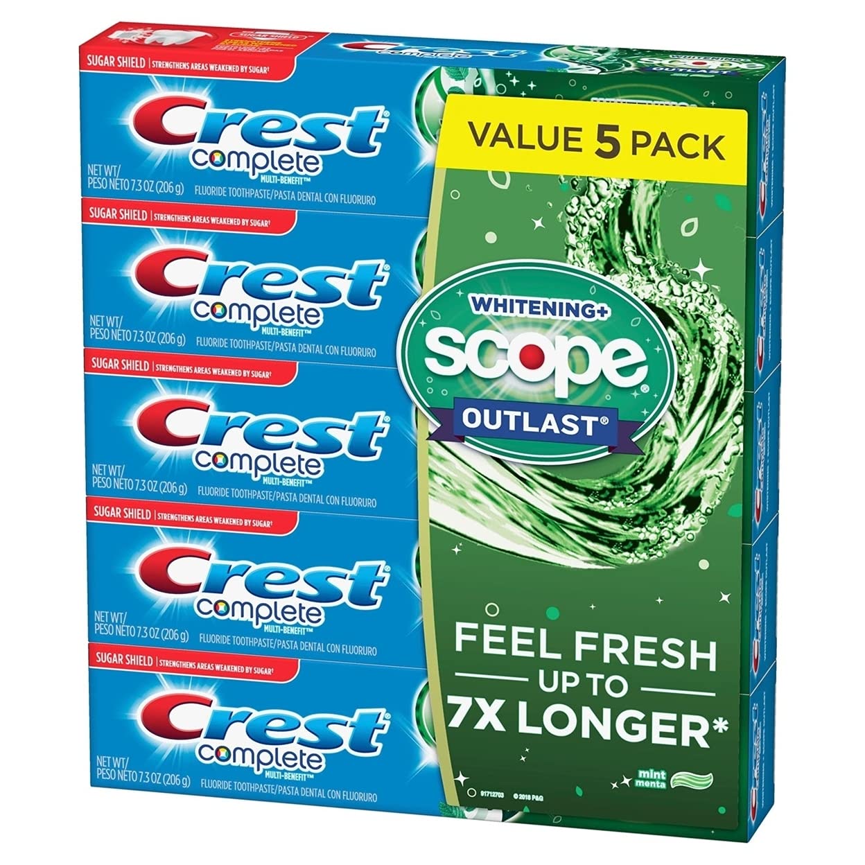 Crest Complete Whitening + Scope Mint Outlast Toothpaste 7.3 Oz/206 g, Pack of 5