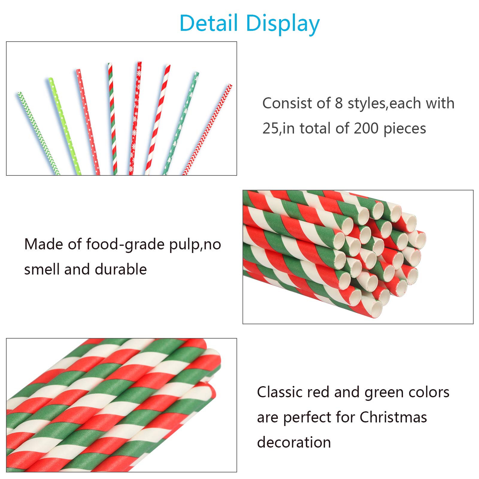 PATAZOK 200pcs Christmas Paper Straws Biodegradable Drinking Straws Disposable Red and Green Paper Straws Colorful Straws for Xmas Party Celebration Cocktail Decorations