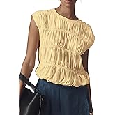 Bell Princess Womens Tiered Shirred Smocked Crop Tank Top Cap Sleeve Crew Neck Elastic Hem Y2K Going Out Blouse Shirt