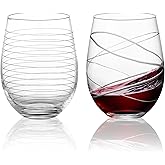 Joeyan Hand Blown Etched Stemless Wine Glasses with Strips Swirls Pattern for Red Wine,Large Carved Drinking Glass Cups Tumblers for Wedding Anniversary Party Home,Set of 2, 17.5 oz, Dishwasher Safe
