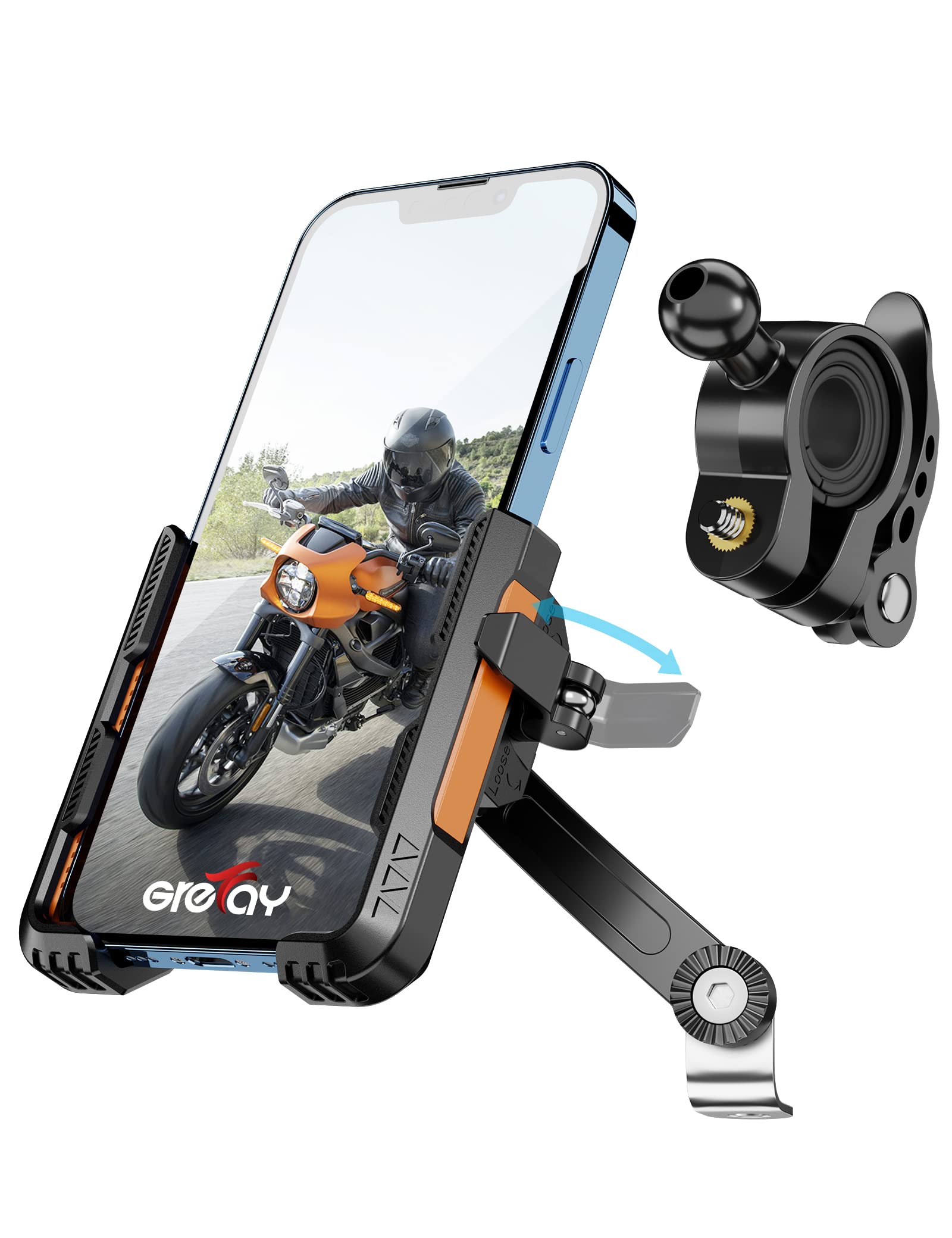 GREFAY Motorcycle Phone Holder Handlebar Mount Motorbike Phone Holder Rearview Mirror【2 Connection Methods+1S Quick Disassembly】 With ​360 Rotate for 4.0-7.0 inch smartphone