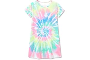 Topgal Teen/Little Girls Nightgown - Summer Short Sleeves Trendy Tie-Dye Butterfly Breakfast Nightdress Pajama Size 6-16