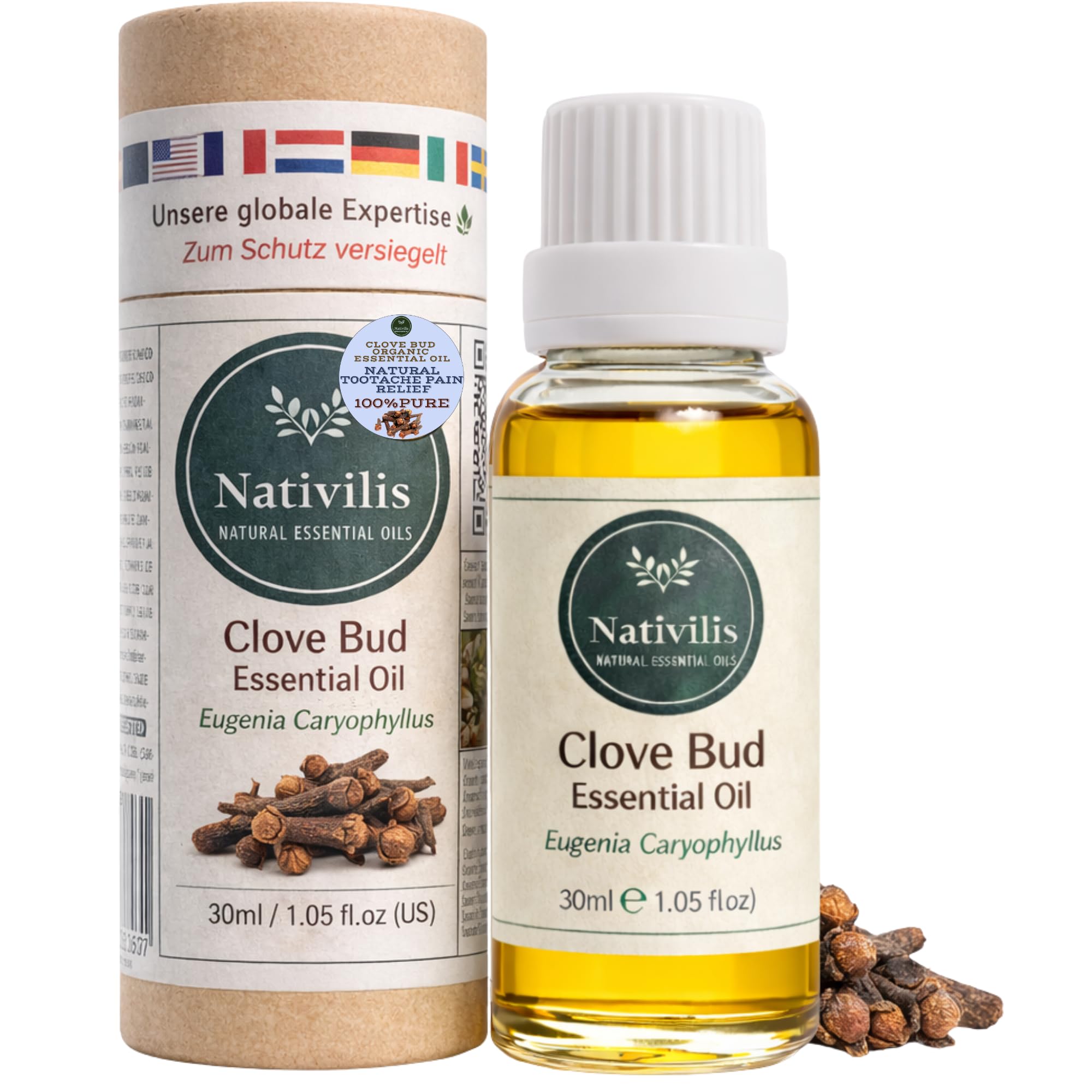 Nativilis Clove Bud Essential Oil 30ml (Eugenia Caryophyllus) – 100% Pure & Natural – GC/MS Tested – Aromatherapy, Massage & Skincare Use – Warm Spicy Aroma - Copaiba