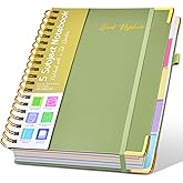 Hardcover Spiral Notebooks for Work, 5 Subject Notebook College Ruled with Dividers Tabs, Lined Organizer Notebook Journal for Women, 240 Pages Small A5 Notebooks for School Note Taking, 5x7 Green