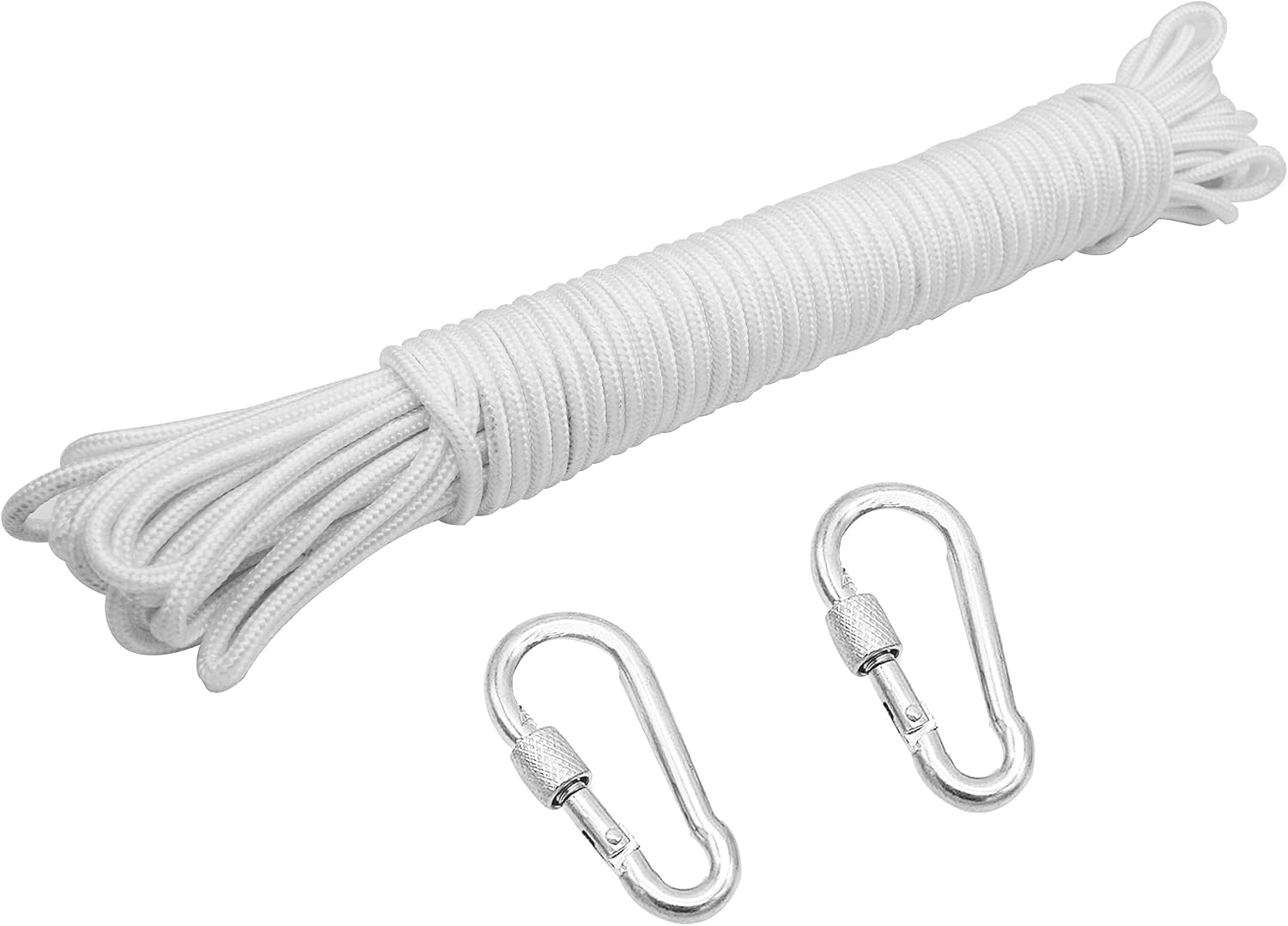 ZKSM 82ft Nylon Flag Rope 1/4Inch Thick White Flag-line Halyard Complete with 2 Steel Hook Clips Double Braided for Flags Outdoor Hanging Clothes