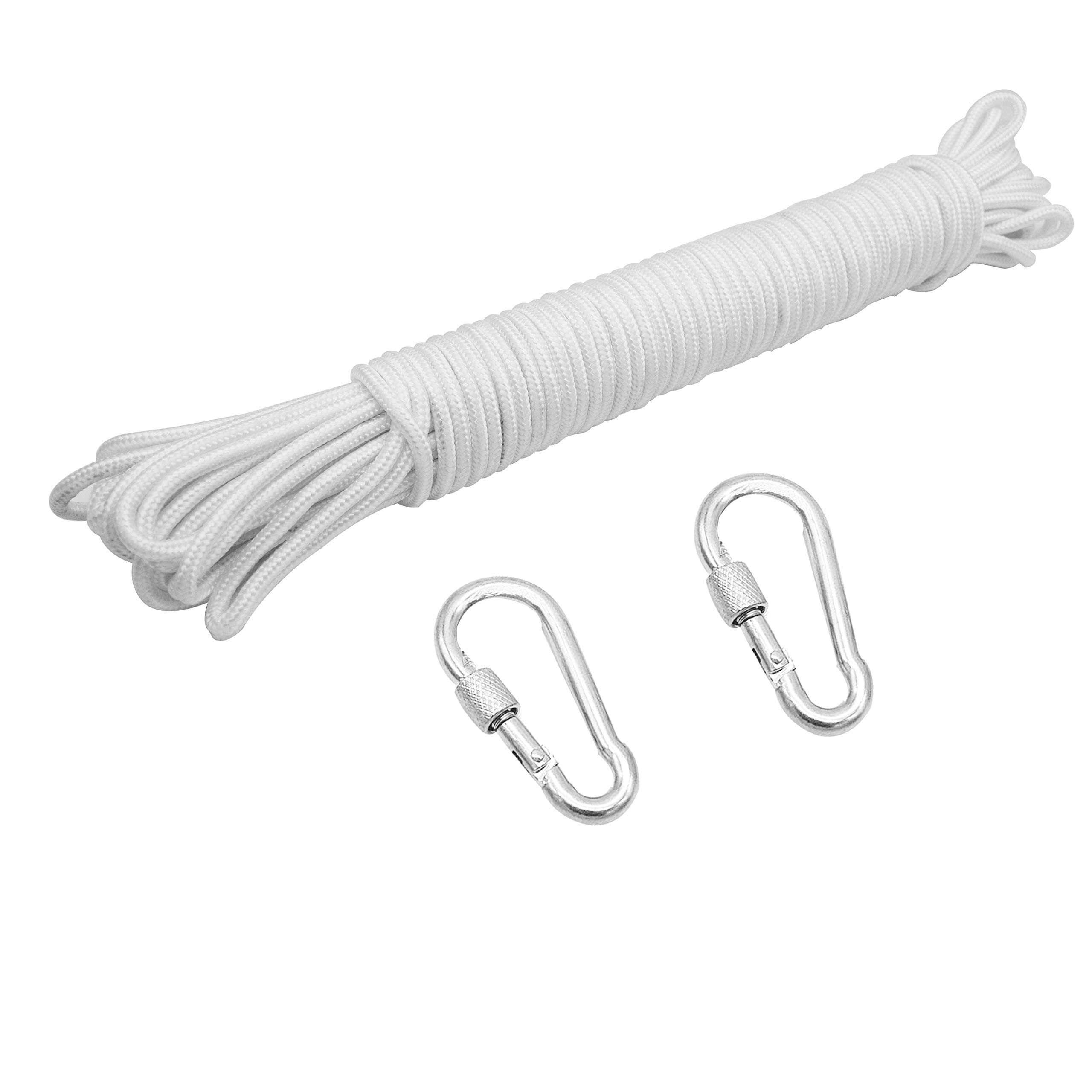 ZKSM 82ft Nylon Flag Rope 1/4Inch Thick White Flag-line Halyard Complete with 2 Steel Hook Clips Double Braided for Flags, Outdoor Hanging Clothes, Goods and Furniture Bundled
