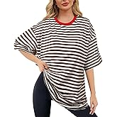 Buauty Womens Oversized Striped T Shirts, Color Block Tee Loose Fit Crew Neck Short Sleeve Tops Casual Summer Y2K 2024 Trendy