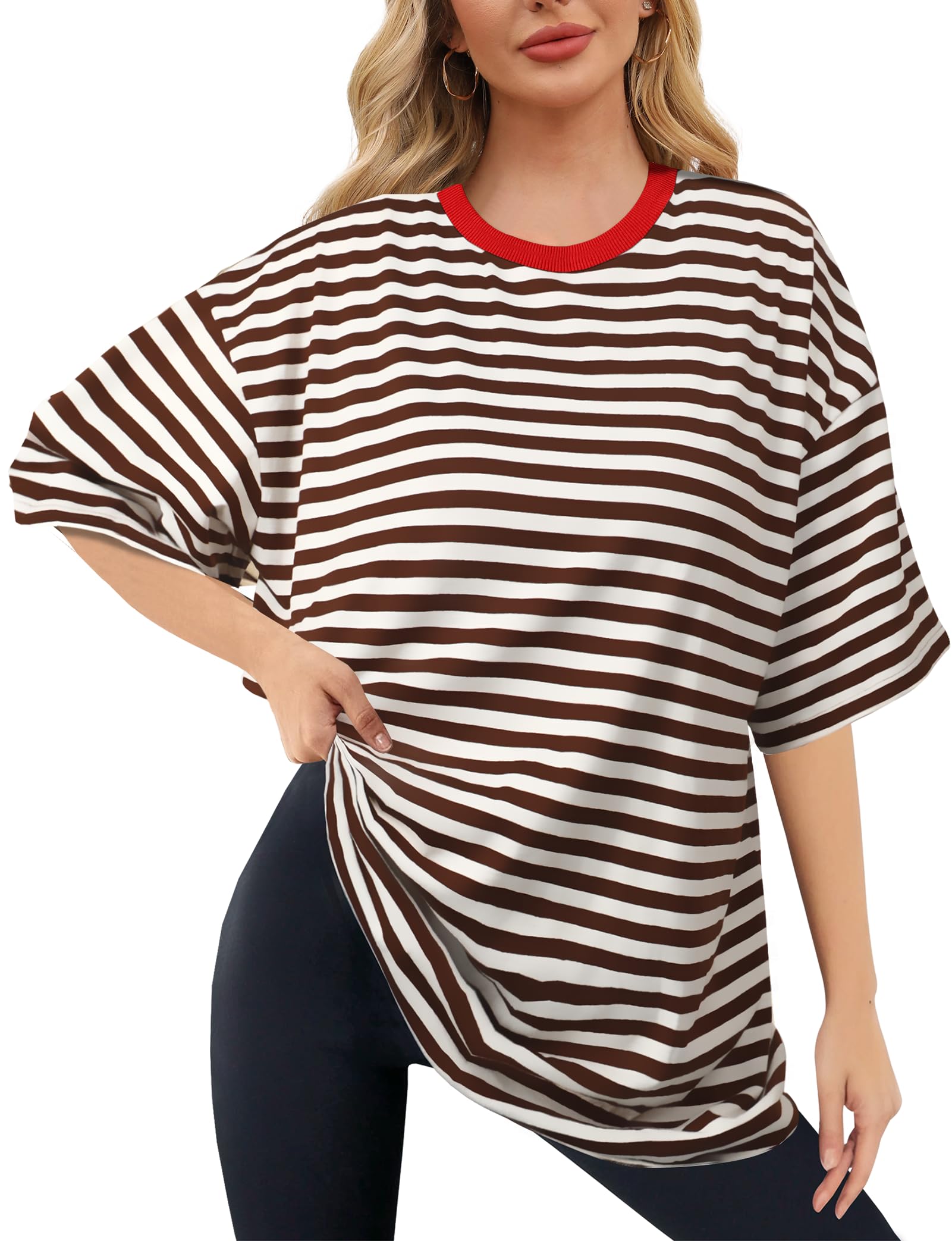 Photo 1 of Buauty Womens Oversized Striped T Shirts, Color Block Tee Loose Fit Crew Neck Short Sleeve Tops Casual Summer Y2K 2025 Trendy