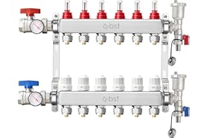 ABST PEX Manifold,6 Loop Stainless Steel Floor Radiant Heat Manifold Kit with 1/2" Adapters Included for Hydronic Radiant Flo