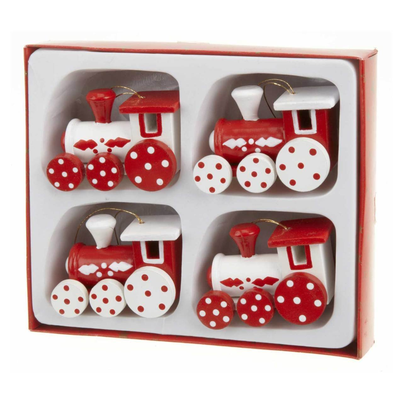 Set of 4 Red & White Wooden Train Christmas Decorations (5cm) by Heaven Sends