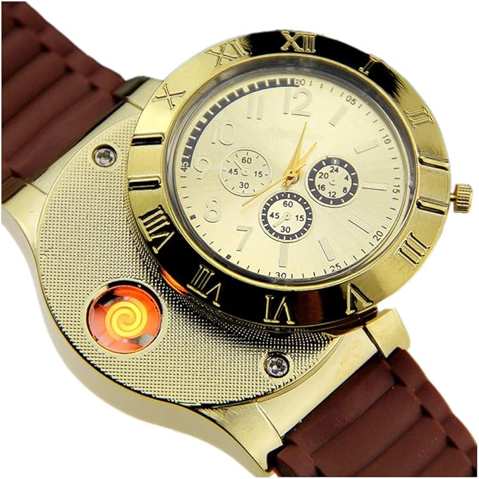 Amazon クォーツ時計のシガーライター 回転時計のダイヤル マイクロusb充電式シガーライター 合金フレーム Tpuストラップ ゴールデン 4日から10日以内に届きます ライター 腕時計 通販