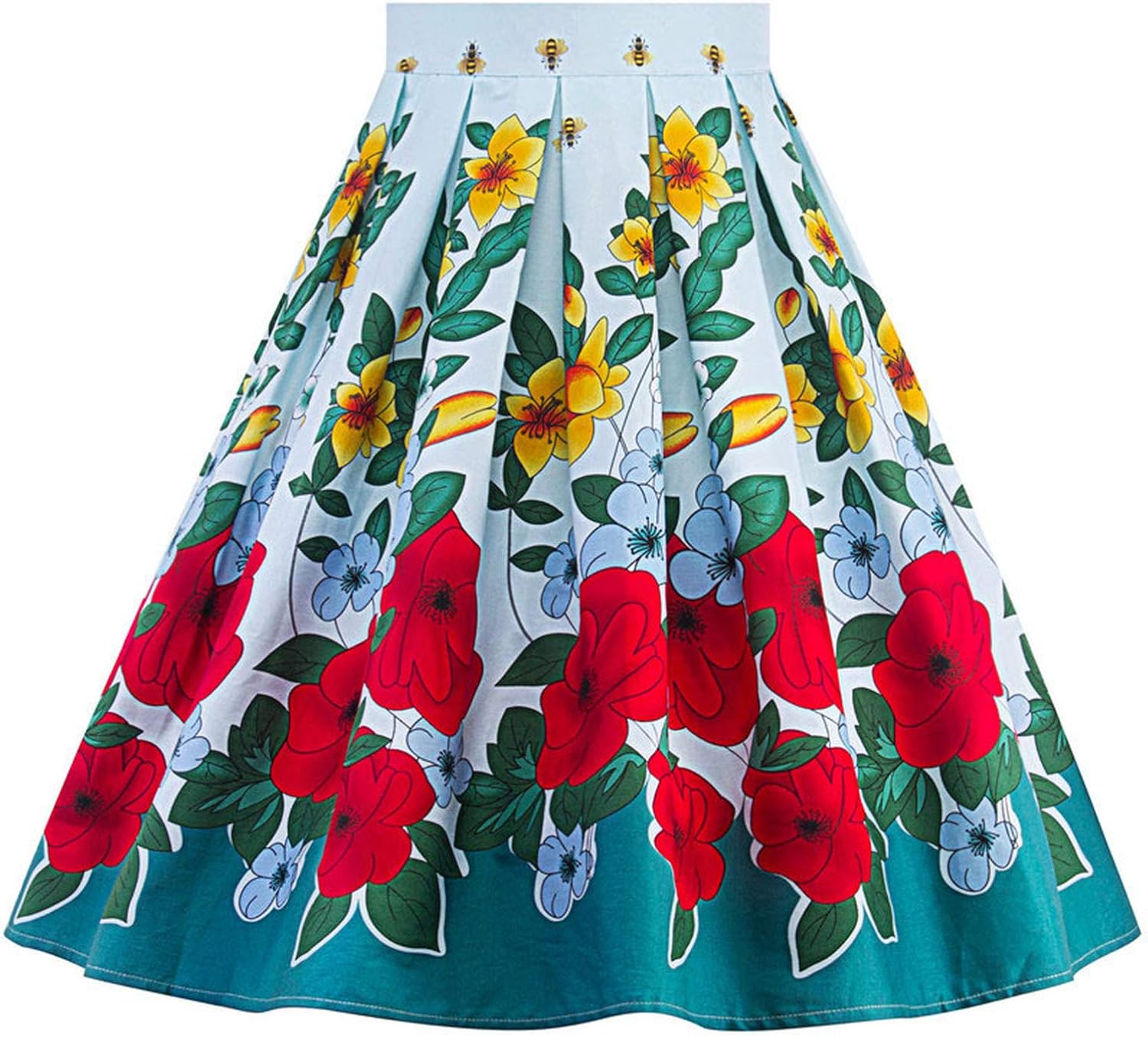 Retro Floral Print Pleated Skirt High Waist Green Summer Skirts Women Midi Elegant Retro Vintage