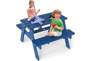 FOOWIN Kids Picnic Table, HDPE All Weather Toddler Picnic Table, Kids Outdoor Table and Chair Set w/Umbrella Hole for Patio, Backyard, Garden, Lawn, Blue